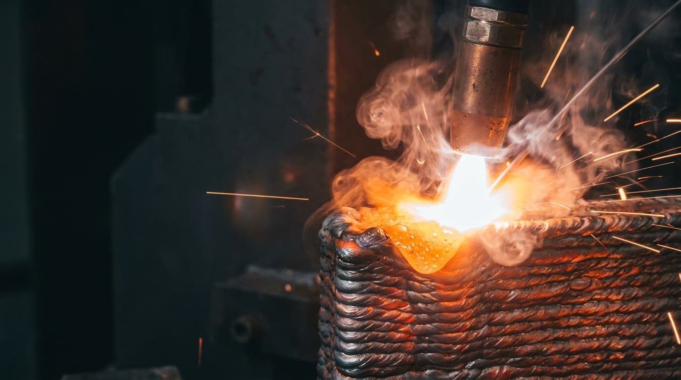 WAAM Schmelzbad — Metall wächst Schicht für Schicht aus dem glühenden Lichtbogen