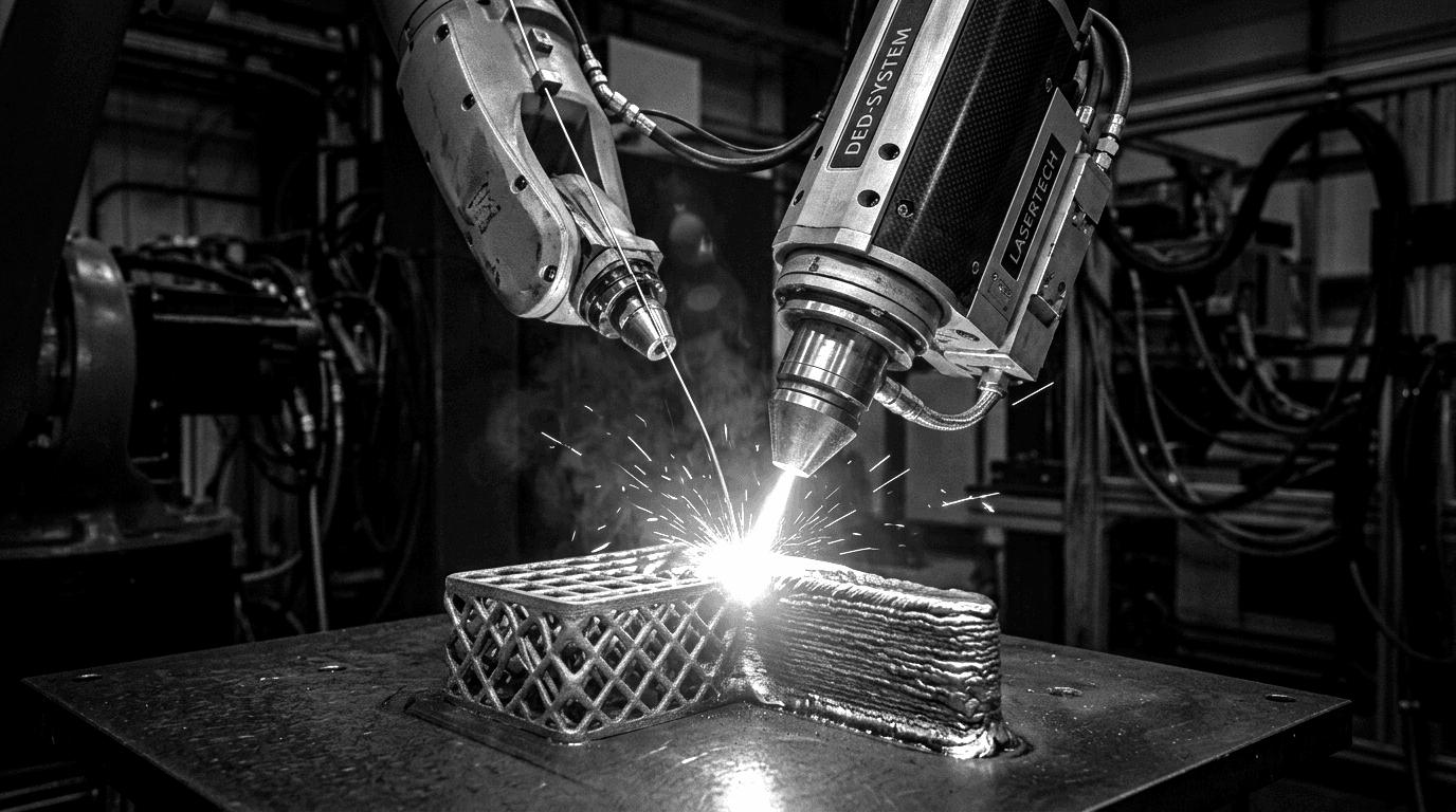 Wire Laser Metall 3D Druck — ein Roboter-Depositionskopf baut mit blauem Laserlichtbogen ein Metallbauteil Schicht für Schicht auf